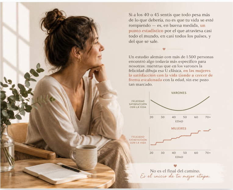 Mujer sentada a una mesa con una taza de café junto a gráficos de felicidad y satisfacción con la vida según la edad en varones y mujeres