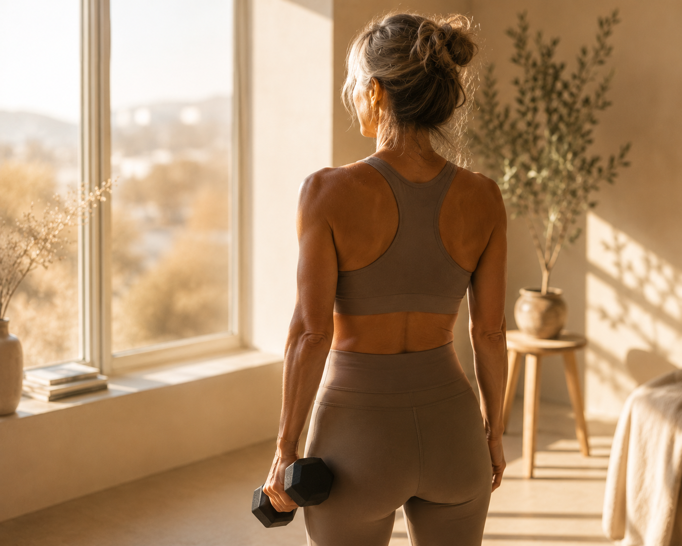 Mujer de espaldas entrenando en casa con una mancuerna junto a la ventana
