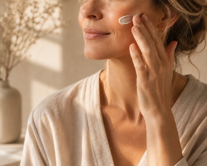 Mujer aplicándose crema en el rostro