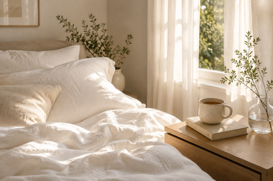 Una cama acogedora con sábanas blancas, almohadas mullidas y una mesita de noche con una taza y una planta