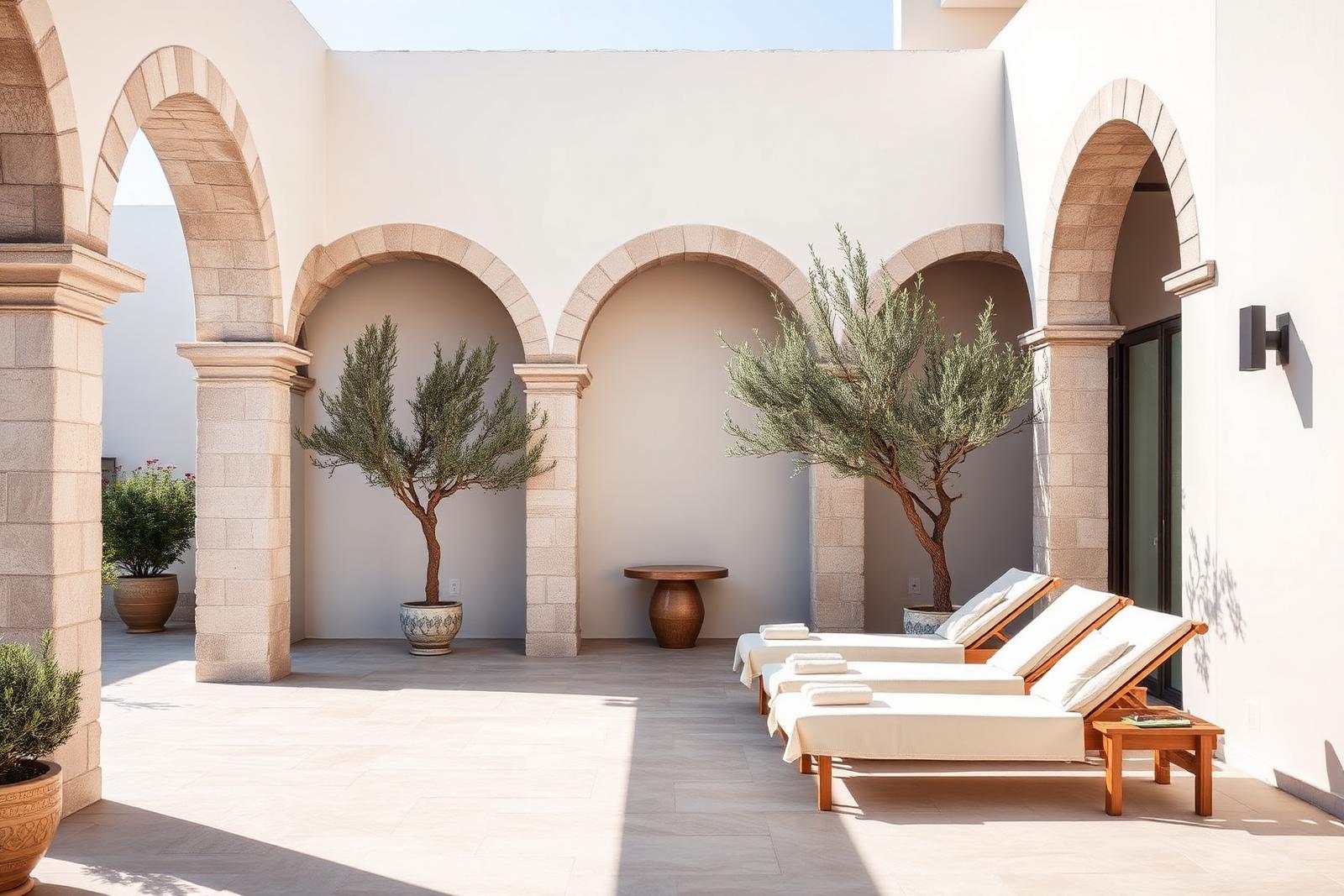 Terraza de hotel wellness con arcos de piedra, tumbonas de lino y olivos