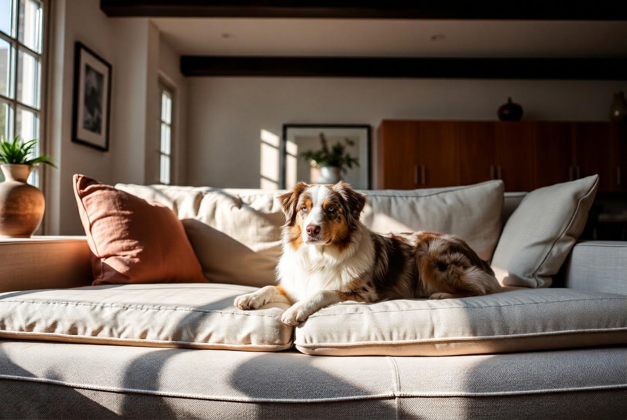 Perro descansando sobre un sofá de lino en un living luminoso